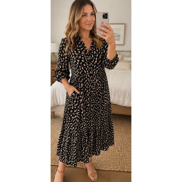 Natural Life Dresses & Skirts - Natural Life Floral Midi Dress Medium Black Boho Tiered Button Front Rayon